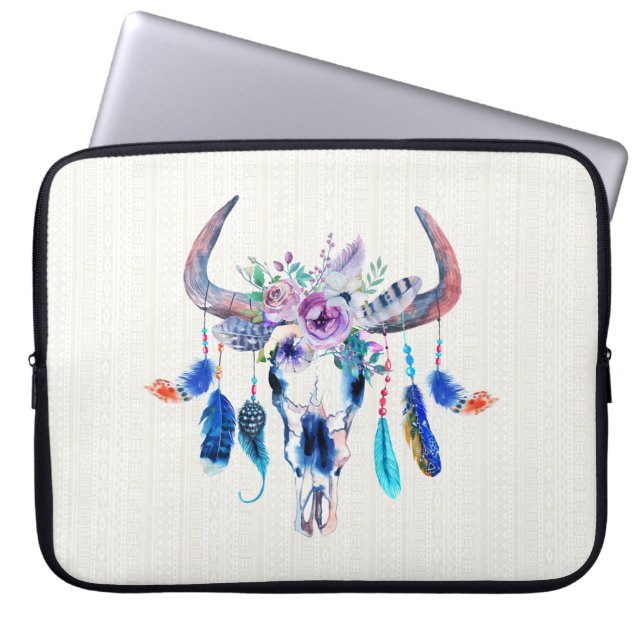 Watercolor Colorful Animal Head Skull Laptop Sleeve (Front)