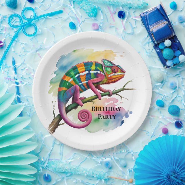 Watercolor Colorful Chameleon Birthday Party Paper Plate (Party)