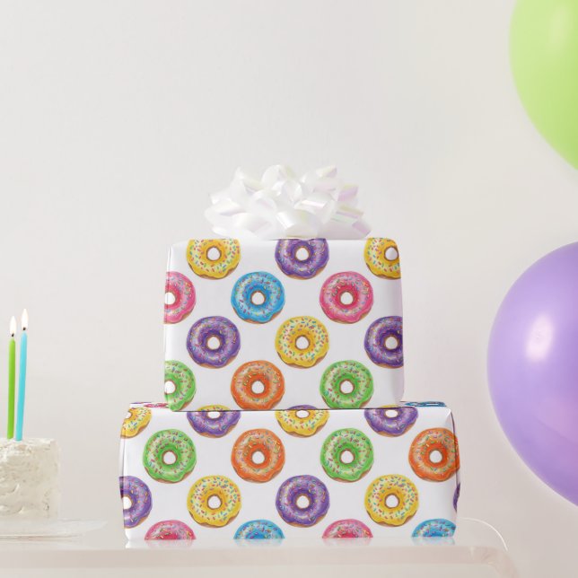 Watercolor Colorful Donuts with Sprinkles  Wrapping Paper (Party Gifts)