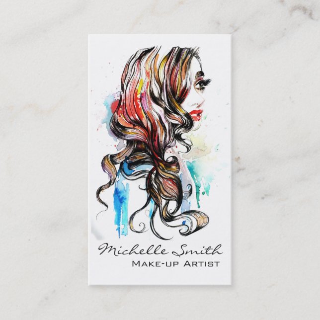 Watercolor colorful hairstyling wavy hair makeup business card (Front)
