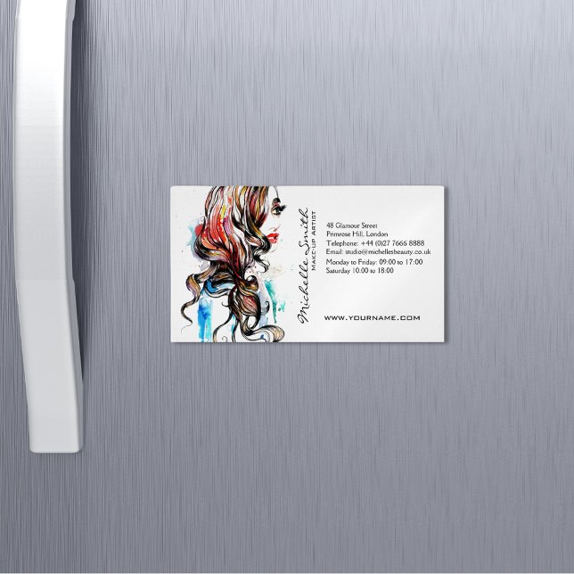 Watercolor colorful hairstyling wavy hair makeup magnetic business card (Creator Uploaded)