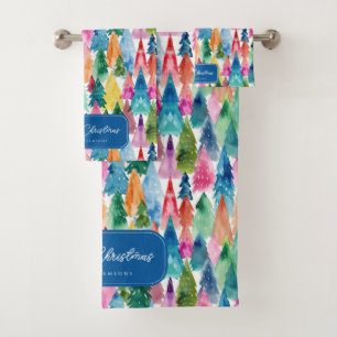 Watercolor Colorful Rainbow Christmas Trees Bath Towel Set