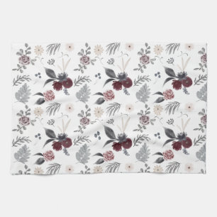 Watercolor Colorful Roses Grey Leaves Tea Towel