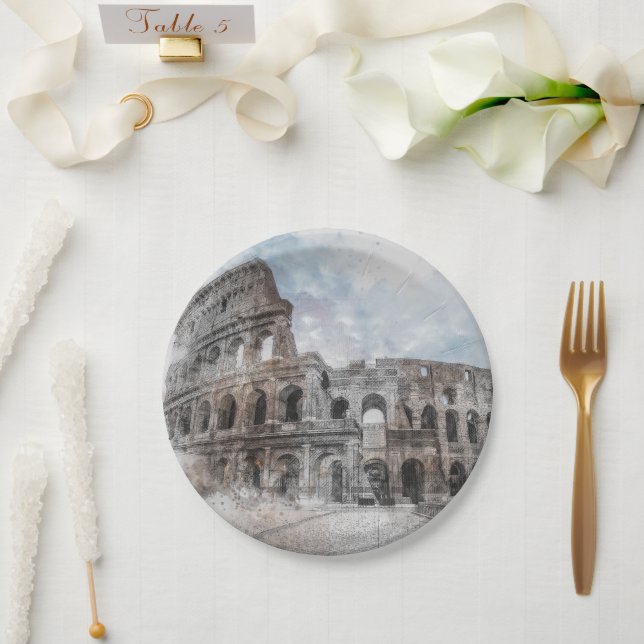 Watercolor Colosseum Rome Italy Paper Plate (Wedding)