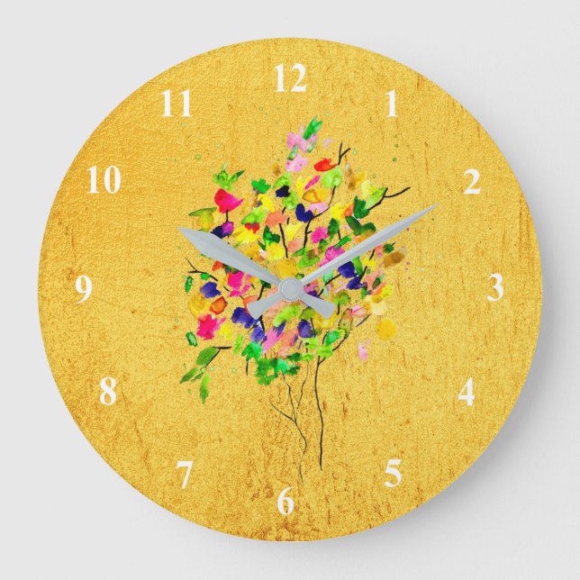 Watercolor colourful abstract tree large clock (Front)