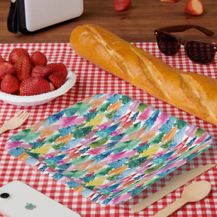 Watercolor Colourful Bright Rainbow Christmas Tree Paper Plate