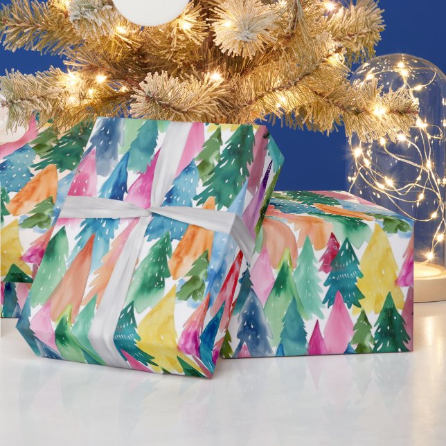 Watercolor Colourful Bright Rainbow Christmas Tree Wrapping Paper (Holidays)