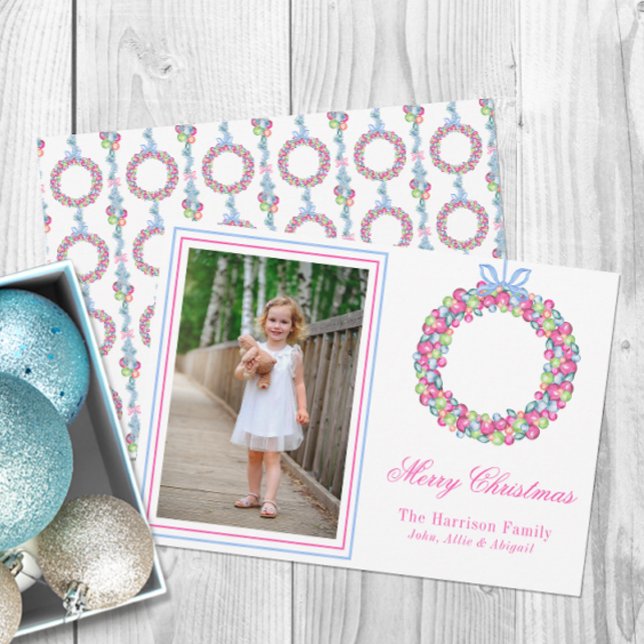 Watercolor Colourful Christmas Baubles Wreath Phot Holiday Card (Creator Uploaded)