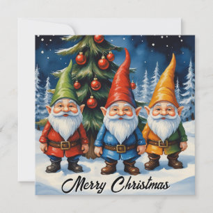 Watercolor Colourful Christmas Gnomes Winter Fores Holiday Card