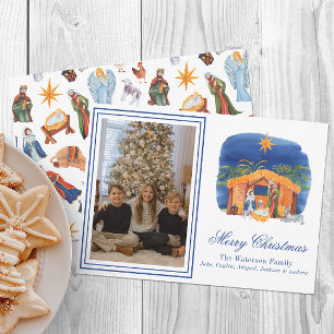 Watercolor Colourful Christmas Nativity Photo Holiday Card