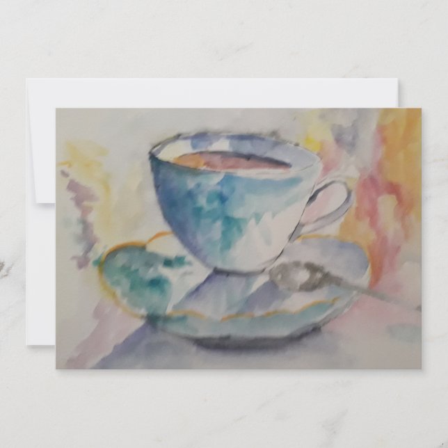 Watercolor colourful coffee mug with saucer invitation (Front)