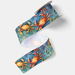 Watercolor Colourful Crabs & Sea Coral Coastal  Satin Ribbon