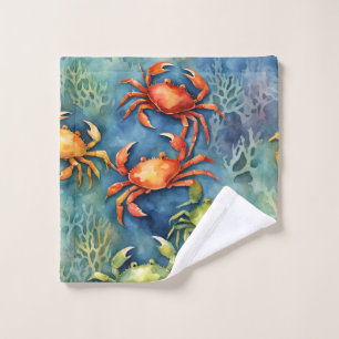 Watercolor Colourful Crabs & Sea Coral Coastal Wash Cloth