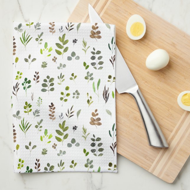 Watercolor Colourful Eucalyptus Leaves Pattern Tea Towel (Quarter Fold)