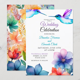 Watercolor Colourful Floral Hummingbird Wedding Invitation