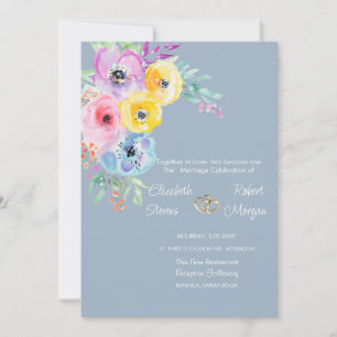 Watercolor Colourful Flowers Dusty Blue Wedding Invitation