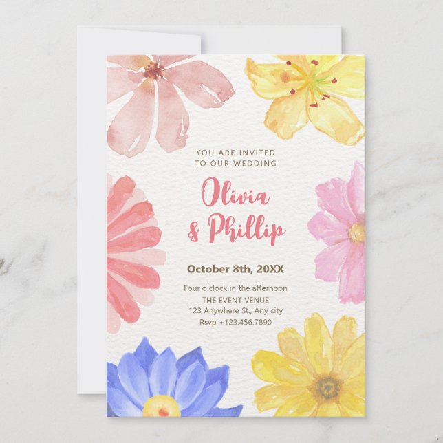 Watercolor colourful flowers wedding  invitation (Front)