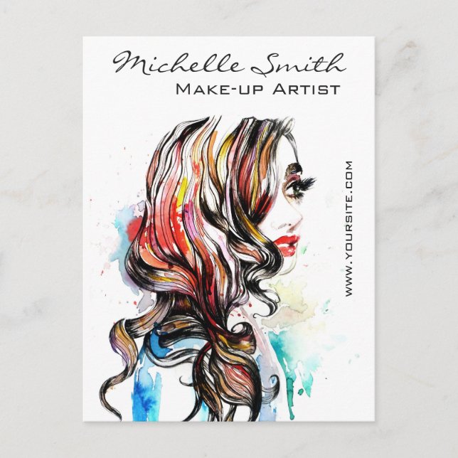 Watercolor colourful hairstyling wavy hair makeup postcard (Front)