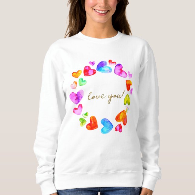 Watercolor Colourful Hearts Round Frame Sweatshirt (Front)