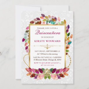 Watercolor Colourful Leaves & Gold Foil Quinceaner Invitation
