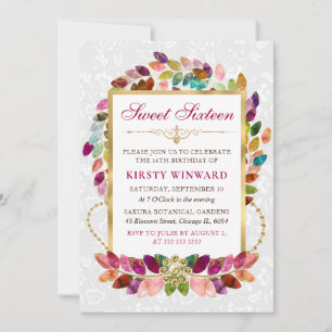 Watercolor Colourful Leaves & Gold Foil Sweet 16 Invitation