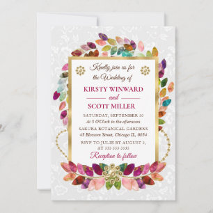 Watercolor Colourful Leaves & Gold Foil Wedding Invitation