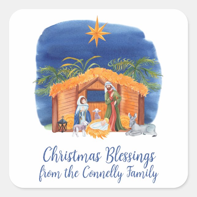 Watercolor Colourful Nativity Christmas Enclosure Square Sticker (Front)