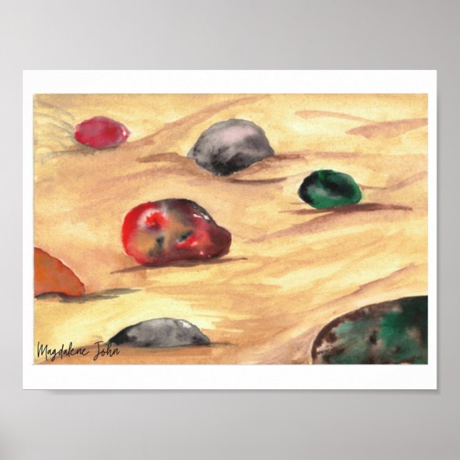 Watercolor colourful pebbles on a sandy beach  poster (Front)