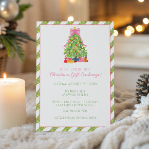 Watercolor Colourful Pink Bow Christmas Tree Party Invitation