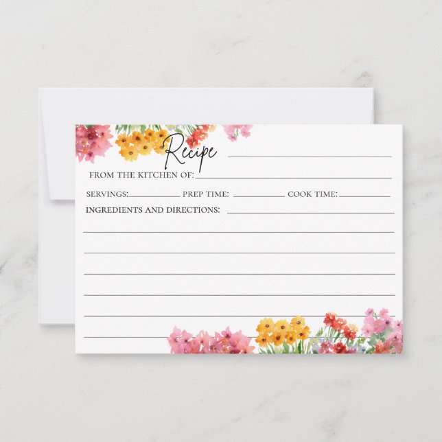 Watercolor Colourful Pink Flowers Recipe Card (Front)