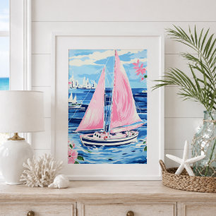 Watercolor Colourful Pink Sailboat Coastal Blue Poster