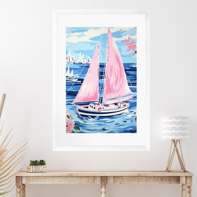 Watercolor Colourful Pink Sailboat Coastal Blue Poster (Creator Uploaded)