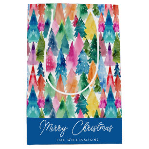 Watercolor Colourful Rainbow Christmas Trees Medium Gift Bag