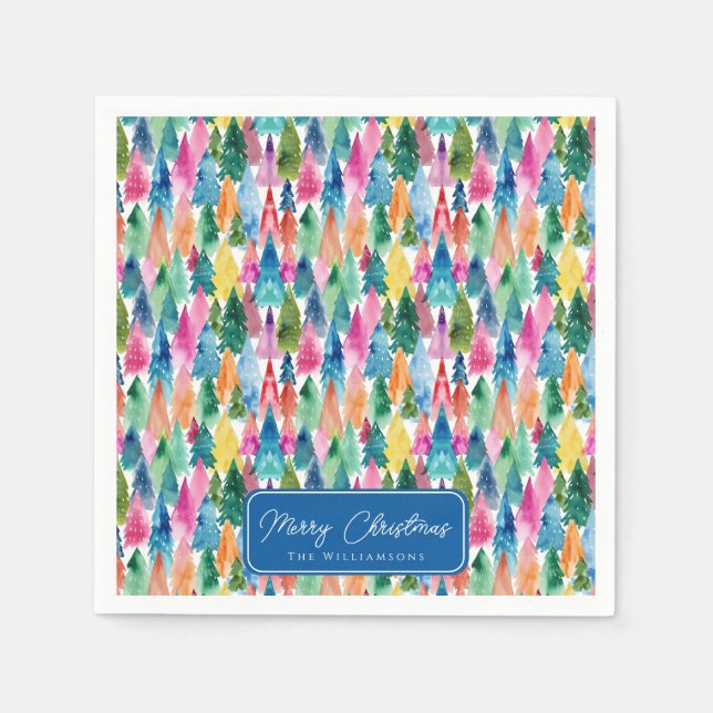 Watercolor Colourful Rainbow Christmas Trees Napkin (Front)