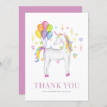 Watercolor Colourful Rainbow Unicorn Kids Birthday Thank You Card<br><div class="desc">Send thank you to guests with this colourful rainbow theme unicorn thank you card. It features watercolor illustration of a white unicorn with rainbow hair and balloons. Personalise by adding names,  date and message. This colourful unicorn thank you card is perfect for birthdays and kids parties.</div>