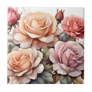 Watercolor Colourful Rose Flowers Tile