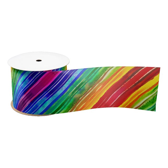   Watercolor Colourful Stripes Modern Artsy Rainbo Satin Ribbon (Spool)