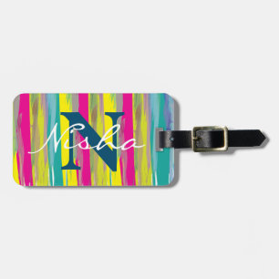 Watercolor Colourful Texture Blue White Monogram Luggage Tag