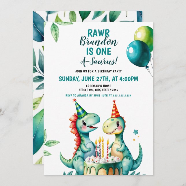 Watercolor Colourful Trex Dinosaur 1st Birthday Invitation (Front/Back)