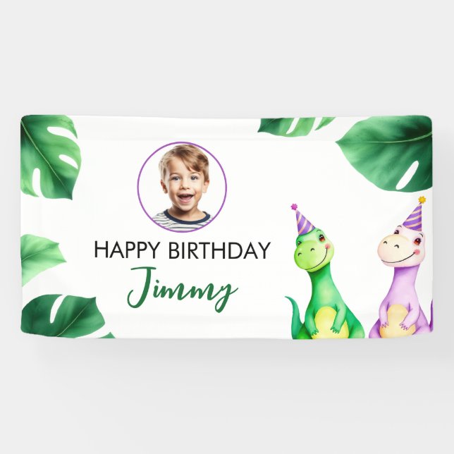 Watercolor Colourful Trex Kids Photo Birthday Banner (Horizontal)