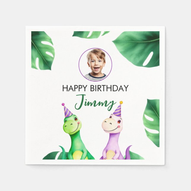 Watercolor Colourful Trex Kids Photo Birthday Napkin (Front)