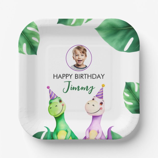Watercolor Colourful Trex Kids Photo Birthday Paper Plate (Front)