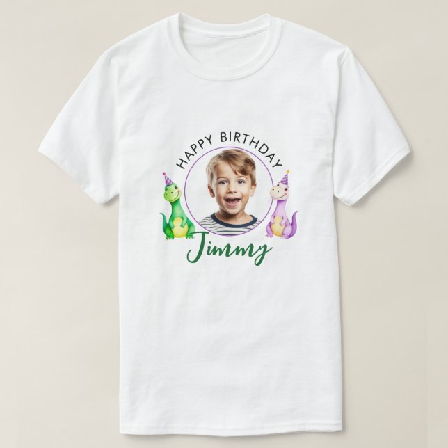 Watercolor Colourful Trex Kids Photo Birthday T-Shirt (Design Front)
