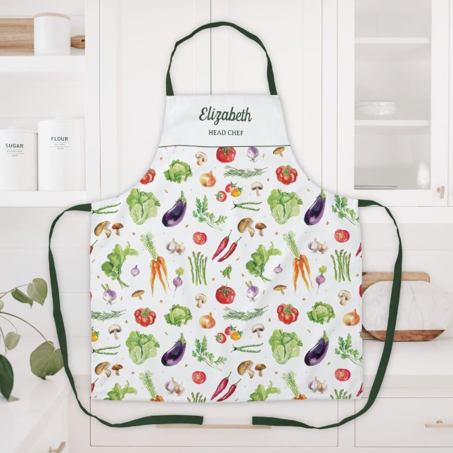 Watercolor Colourful Vegetables Personalised Name Apron (Creator Uploaded)