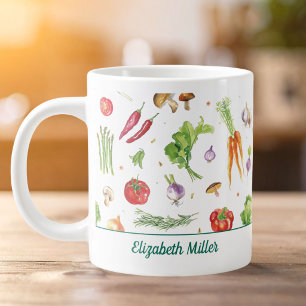 Watercolor Colourful Vegetables Personalised Name Large Coffee Mug