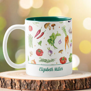 Watercolor Colourful Vegetables Personalised Name Two-Tone Coffee Mug