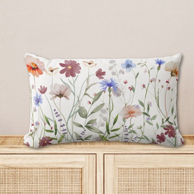 Watercolor Colourful Wildflower Meadow Lumbar Cushion (In situ)