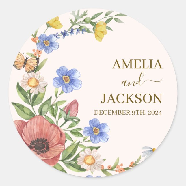 Watercolor colourful Wildflower wedding Couple nam Classic Round Sticker (Front)
