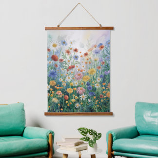 Watercolor Colourful Wildflowers, Elegant Hanging Tapestry