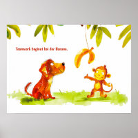 Watercolor Comic Dog and Monkey Want Banana
